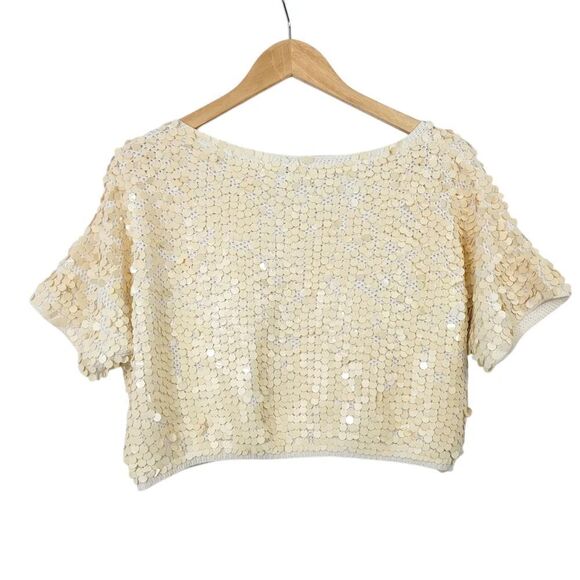 Vintage DKNY 1990s Cotton Paillette Sequined Crop Top in Ivory Size Medium - Picture 5 of 16